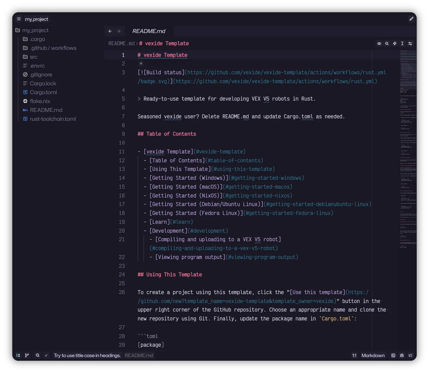 template project open in a text editor editor